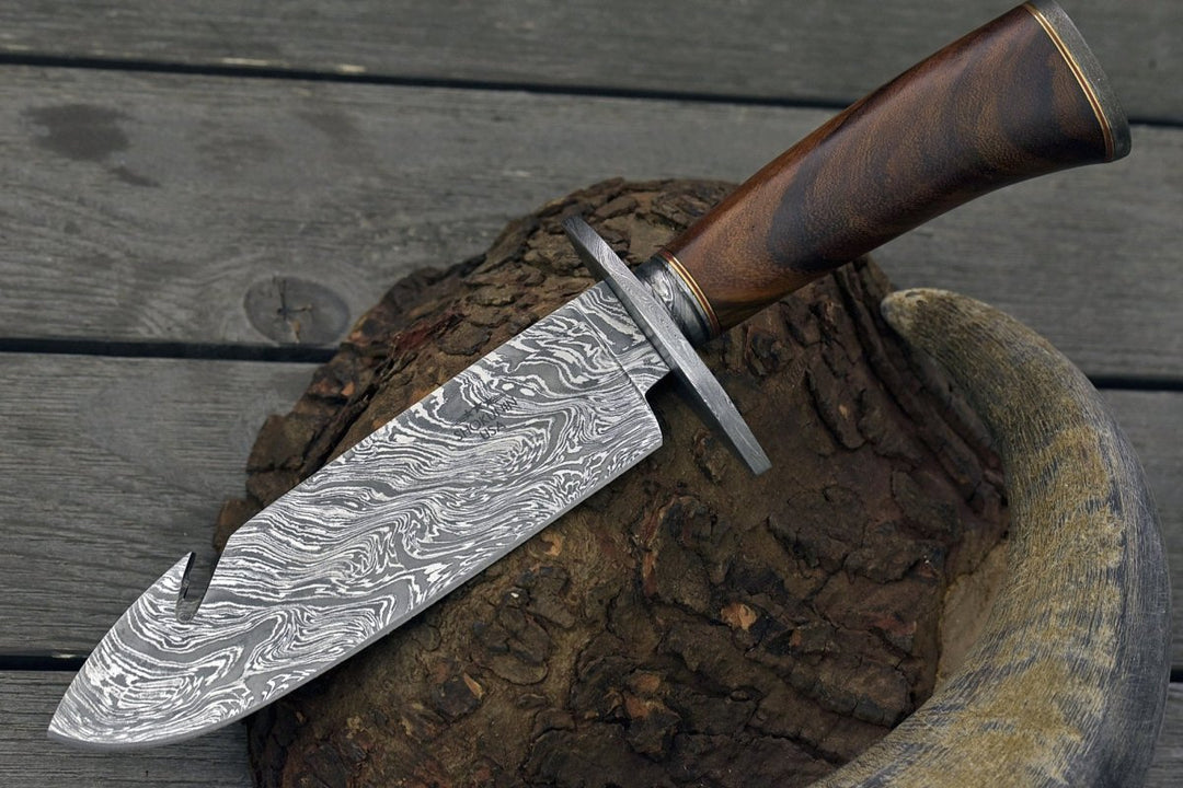 Oblivion Damascus Knife - Oblivion Damascus Bowie Knife with Exotic Rosewood Handle - Shokunin USA