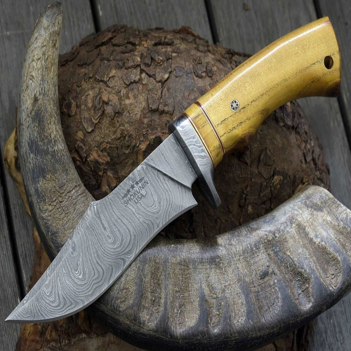 Odyssey Damascus Knife - Odyssey Damascus Hunting Knife with Exotic Yellow Heart Handle - Shokunin USA
