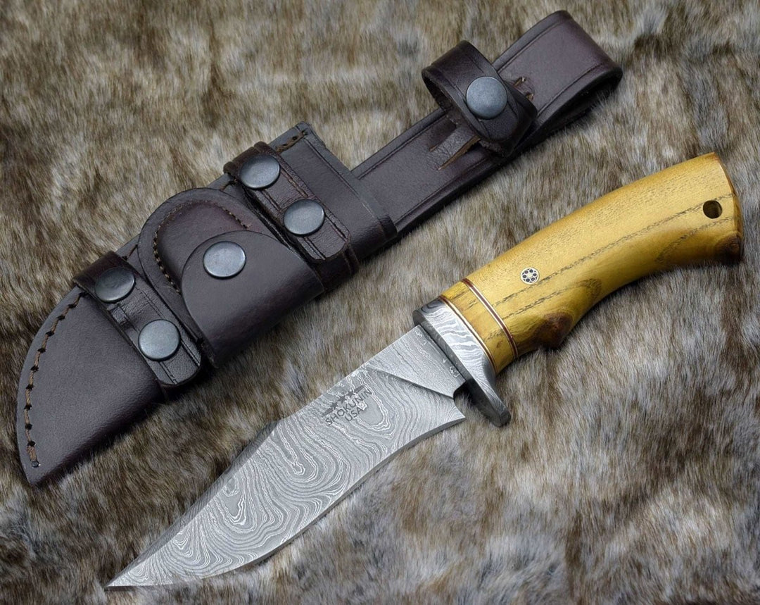 Odyssey Damascus Bowie - Odyssey Damascus Hunting Knife with Exotic Yellow Heart Handle - Shokunin USA