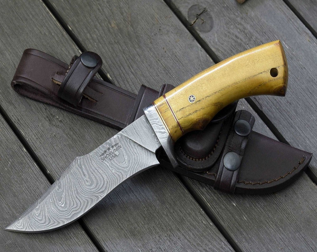Odyssey Damascus knives - Odyssey Damascus Hunting Knife with Exotic Yellow Heart Handle - Shokunin USA