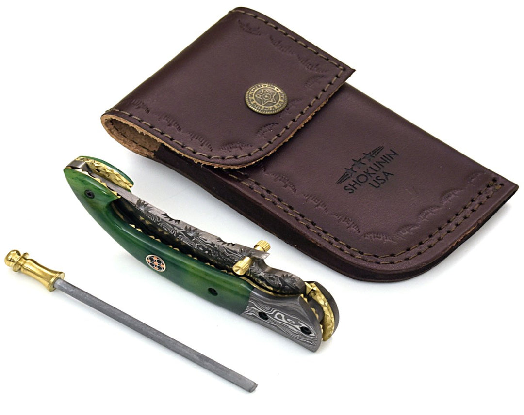 Omni Pocket handle - Omni Damascus Pocket Knife with Bone handle &amp; Sheath - Shokunin USA