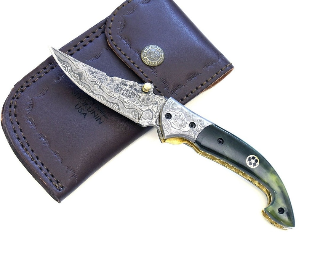 Omni Damascus Sheath - Omni Damascus Pocket Knife with Bone handle &amp; Sheath - Shokunin USA