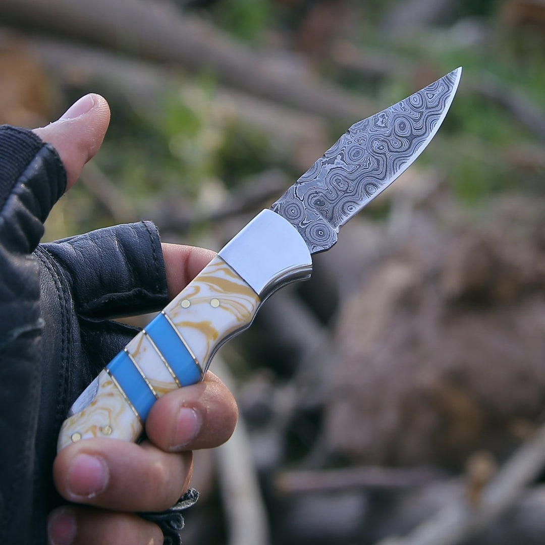 Orion Damascus Handle - Orion Damascus Pocket Knife with Resin Handle - Shokunin USA