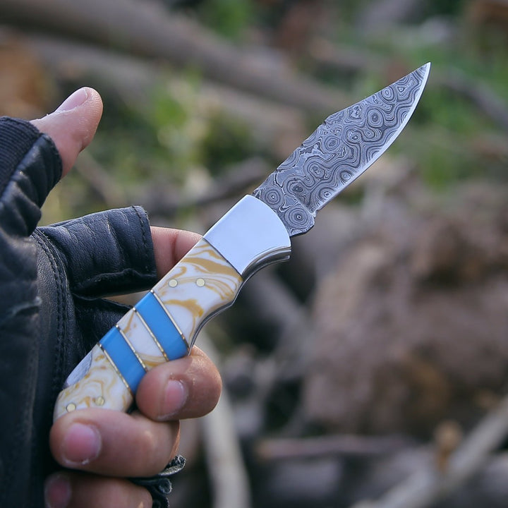 Orion Damascus Handle - Orion Damascus Pocket Knife with Resin Handle - Shokunin USA