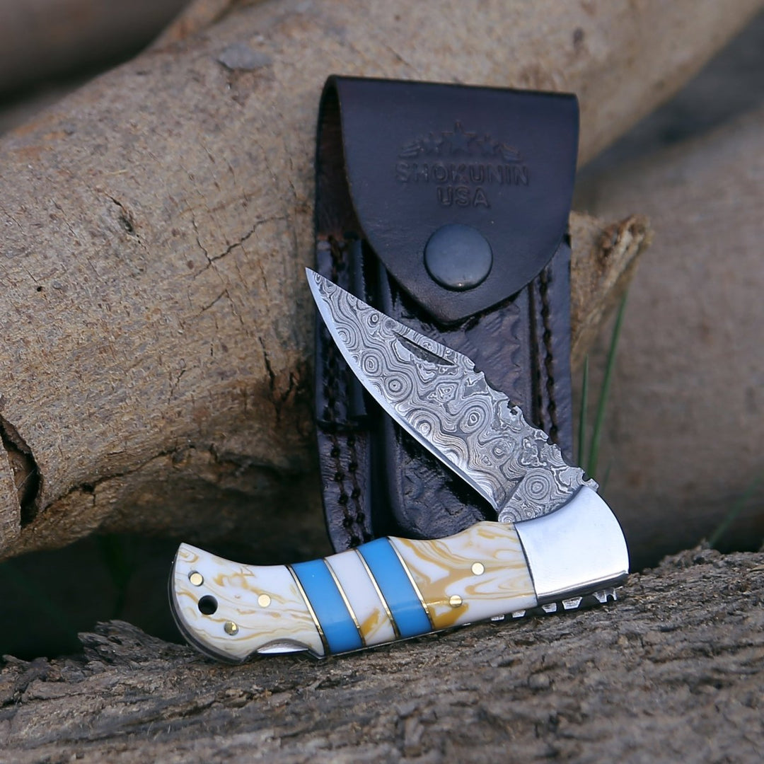 Orion Damascus knives - Orion Damascus Pocket Knife with Resin Handle - Shokunin USA