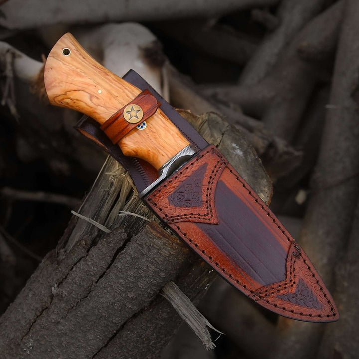 knives knives - Outrider Damascus Custom Hunting Knife with Exotic Olive Wood Handle - Shokunin USA