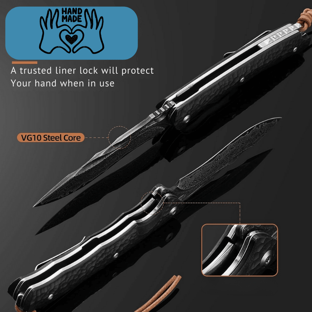Panther Stainless Knife - Panther Handmade Stainless Damascus Pocket Knife with Clip and Exotic Ebony Wood Handle - Shokunin USA