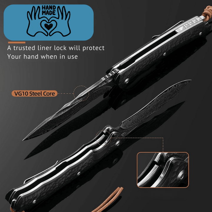 Panther Stainless Knife - Panther Handmade Stainless Damascus Pocket Knife with Clip and Exotic Ebony Wood Handle - Shokunin USA