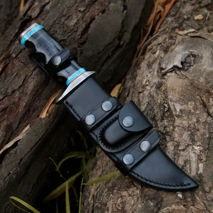 Phantom Hunting Damascus - Phantom Hunting &amp; Survival Bowie Knife with Stacked Leather Handle - Shokunin USA