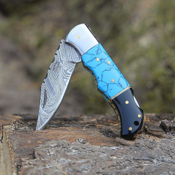 phoenix knife - Phoenix Pocket Knife with Turrquoise &amp; Bull Horn Handle - Shokunin USA