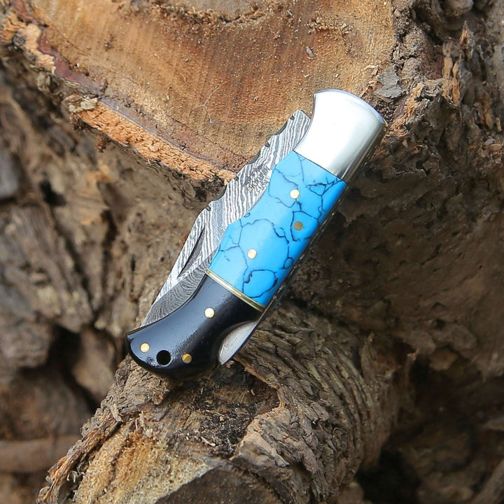 bull knife - Phoenix Pocket Knife with Turrquoise &amp; Bull Horn Handle - Shokunin USA