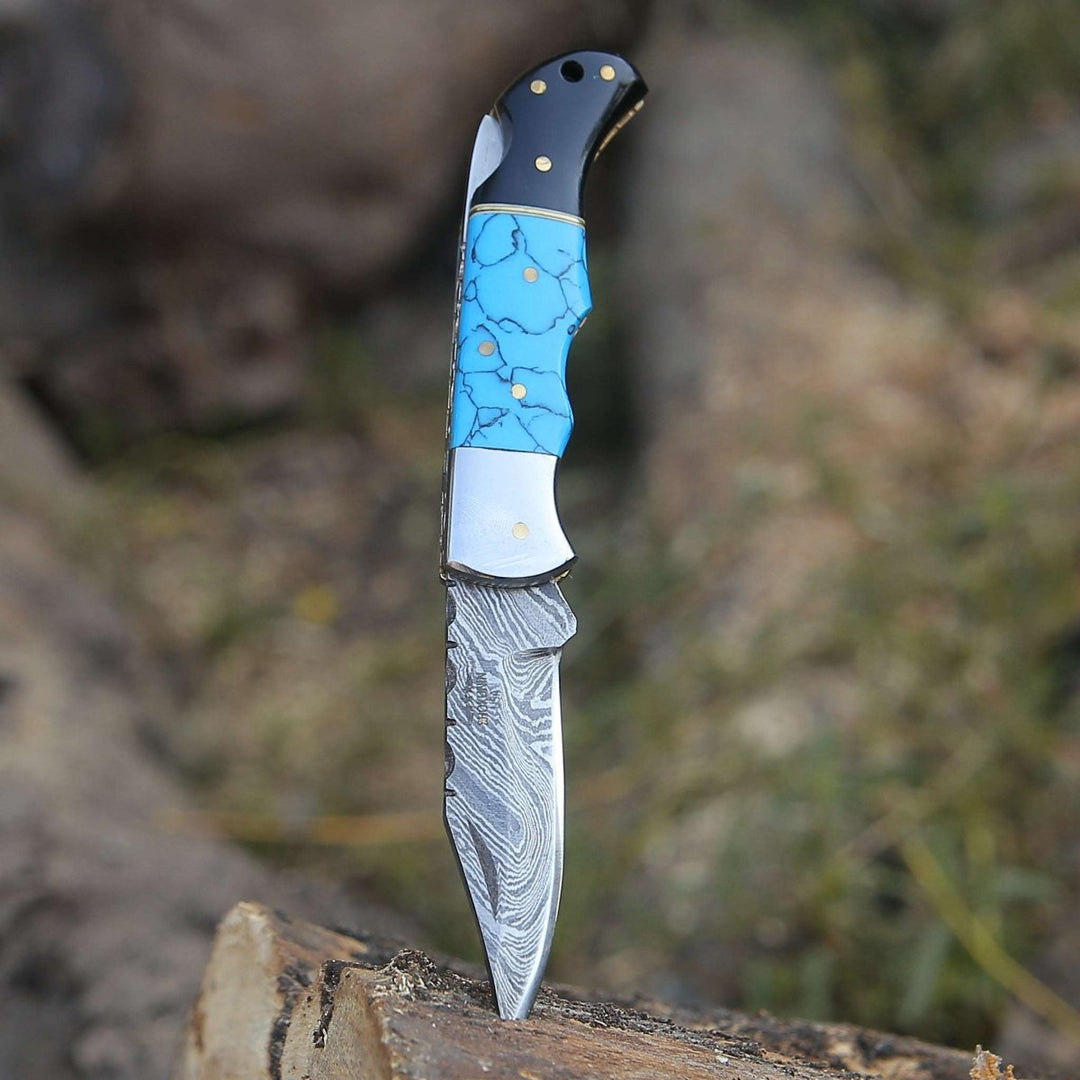 carbon steel knife - Phoenix Pocket Knife with Turrquoise &amp; Bull Horn Handle - Shokunin USA