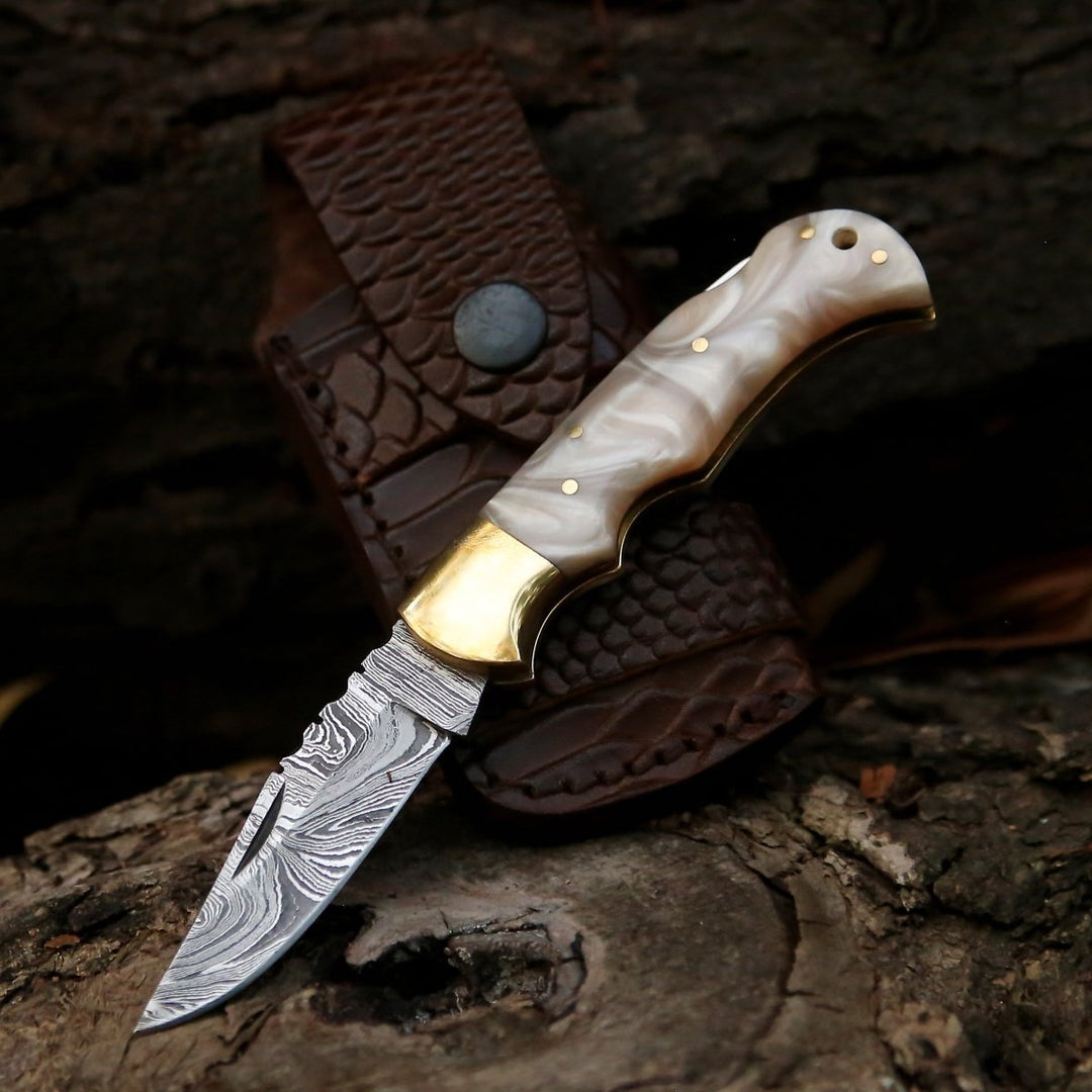 Pinnacle Pocket Knife - Pinnacle Damascus Pocket Knife with Mother of Pearl Handle - Shokunin USA