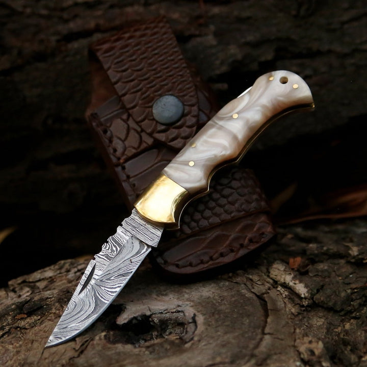 Pinnacle Pocket Knife - Pinnacle Damascus Pocket Knife with Mother of Pearl Handle - Shokunin USA