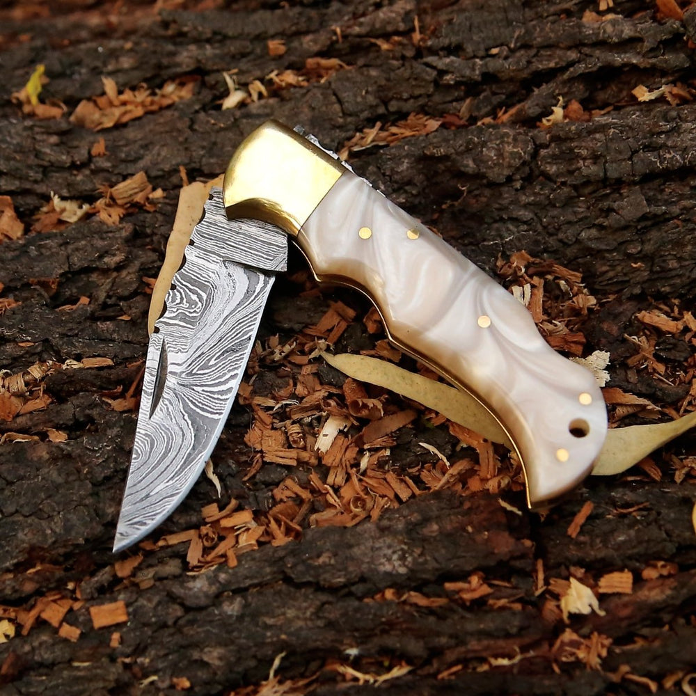 Pocket Knife - Pinnacle Damascus Pocket Knife with Mother of Pearl Handle - Shokunin USA