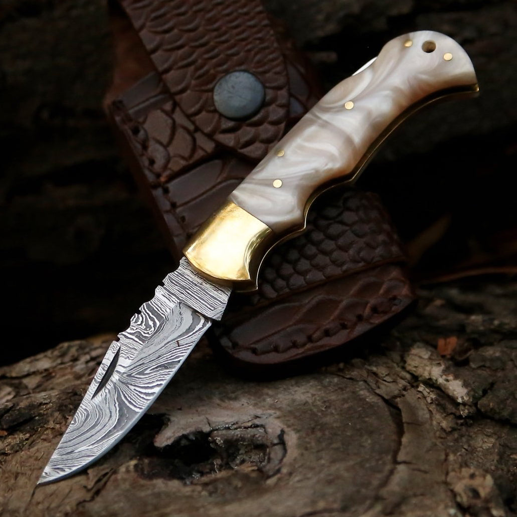 Utility Knife - Pinnacle Damascus Pocket Knife with Mother of Pearl Handle - Shokunin USA
