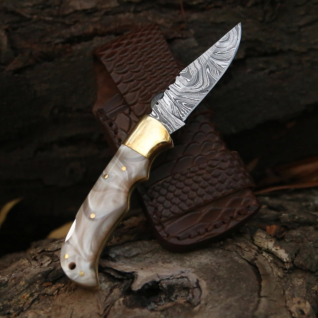 Pocket Knife - Pinnacle Damascus Pocket Knife with Mother of Pearl Handle - Shokunin USA
