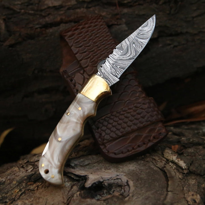 Pocket Knife - Pinnacle Damascus Pocket Knife with Mother of Pearl Handle - Shokunin USA