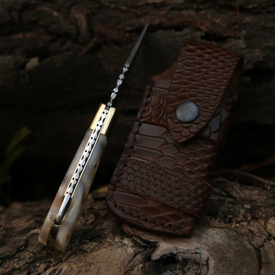 Pocket Knife - Pinnacle Damascus Pocket Knife with Mother of Pearl Handle - Shokunin USA