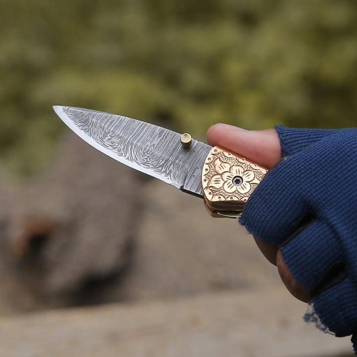 Pixel Damascus Handle - Pixel Copper Damascus Pocket Knife with Engraved Copper Handle - Shokunin USA
