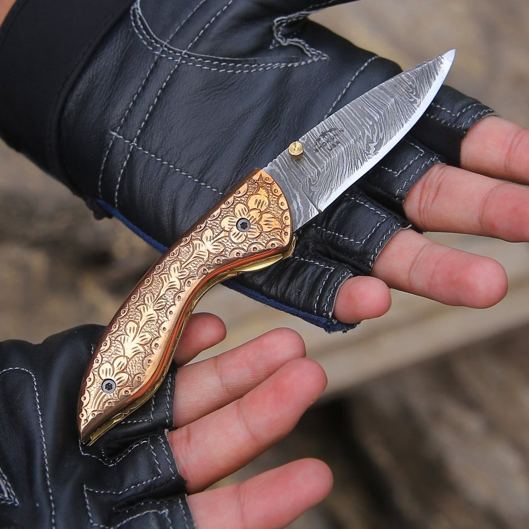 Pixel Copper Handle - Pixel Copper Damascus Pocket Knife with Engraved Copper Handle - Shokunin USA