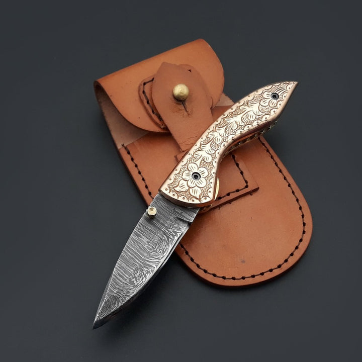 Pixel Copper Knife - Pixel Copper Damascus Pocket Knife with Engraved Copper Handle - Shokunin USA
