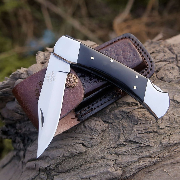 Pocket Bull Handle - Pocket Knife with Exotic Bull Horn Handle &amp; Sheath Personalized - Shokunin USA