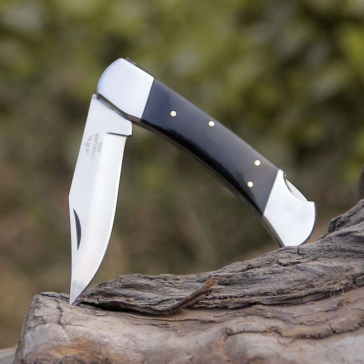 Pocket Horn Sheath - Pocket Knife with Exotic Bull Horn Handle &amp; Sheath Personalized - Shokunin USA