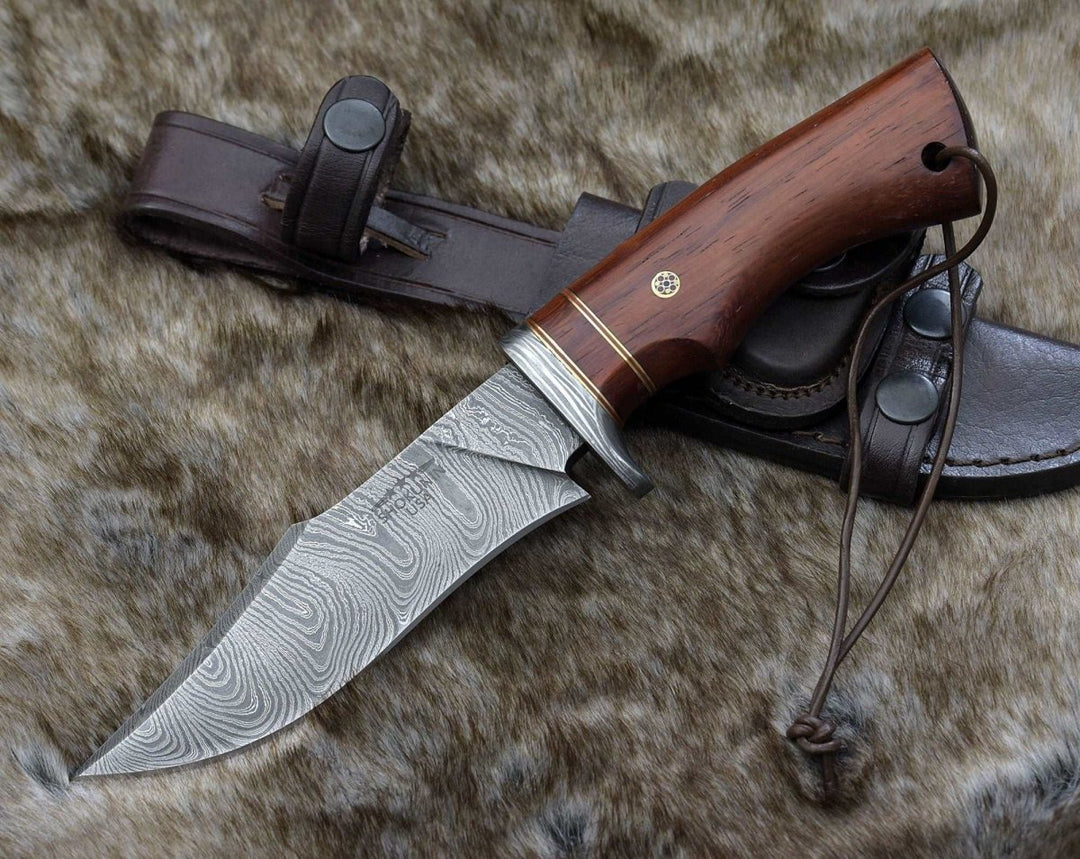 Polaris Damascus Handle - Polaris Damascus Hunting Knife with Exotic Red Heart Wood Handle - Shokunin USA