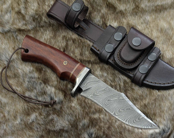 Polaris Damascus Bowie - Polaris Damascus Hunting Knife with Exotic Red Heart Wood Handle - Shokunin USA