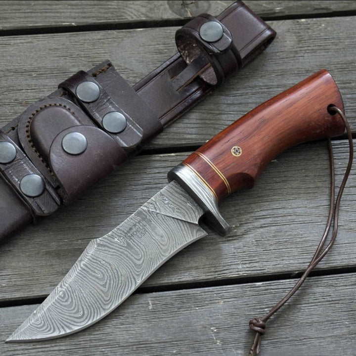 Polaris Damascus Knife - Polaris Damascus Hunting Knife with Exotic Red Heart Wood Handle - Shokunin USA