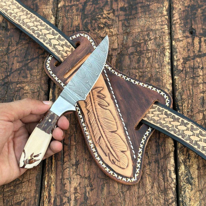 damascus knife - Prairie Damascus Skinner Knife with Hand tooled Sheath &amp; Belt - Shokunin USA