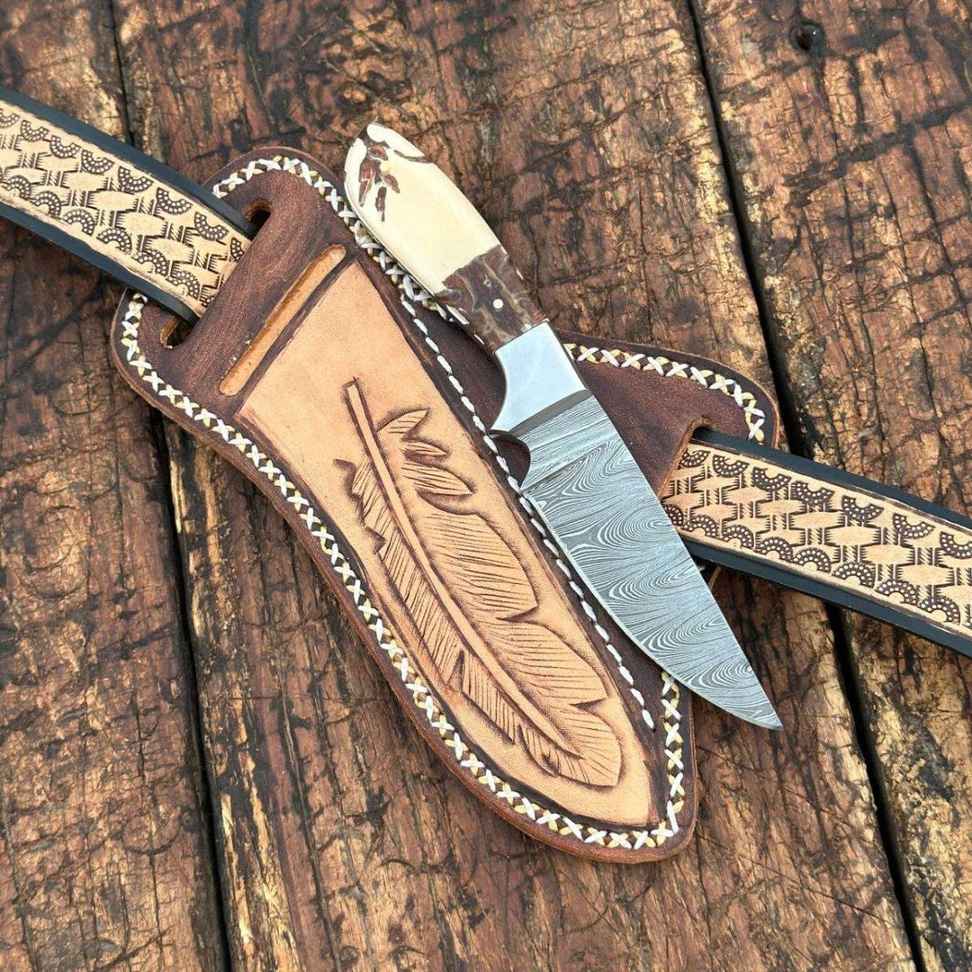 resin knives - Prairie Damascus Skinner Knife with Hand tooled Sheath &amp; Belt - Shokunin USA