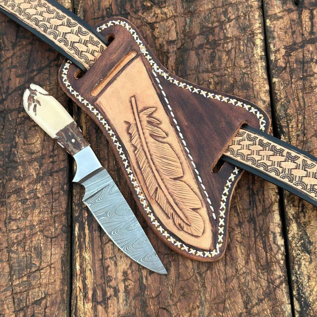 Prairie Damascus Skinner Knife with Hand tooled Sheath & Belt - Shokunin USA