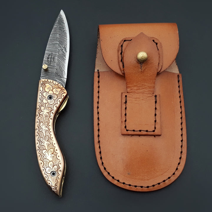 Pixel Copper Damascus Pocket Knife with Engraved Copper Handle