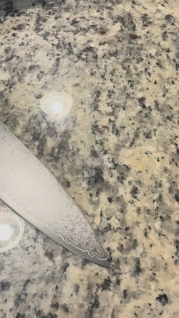 Luxe Japanese Damascus Chef Knife with Exotic Curly Maple Burl Wood Handle