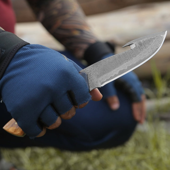 PrimalEdge Damascus blade - PrimalEdge Damascus Gut Hook Knife with Exotic Wenge Wood and Turquoise - Shokunin USA