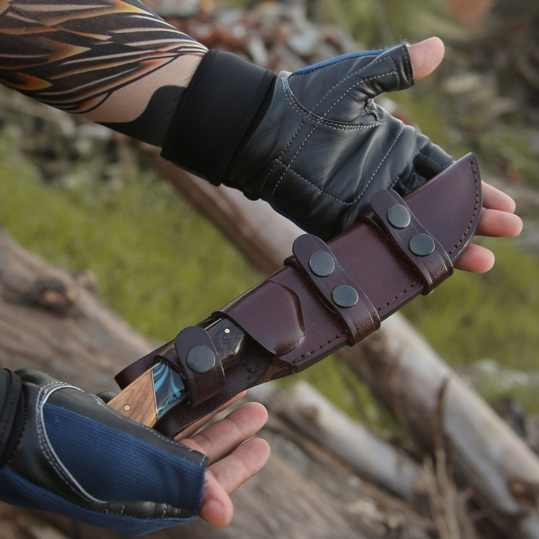 PrimalEdge Gut Knife - PrimalEdge Damascus Gut Hook Knife with Exotic Wenge Wood and Turquoise Handle - Shokunin USA
