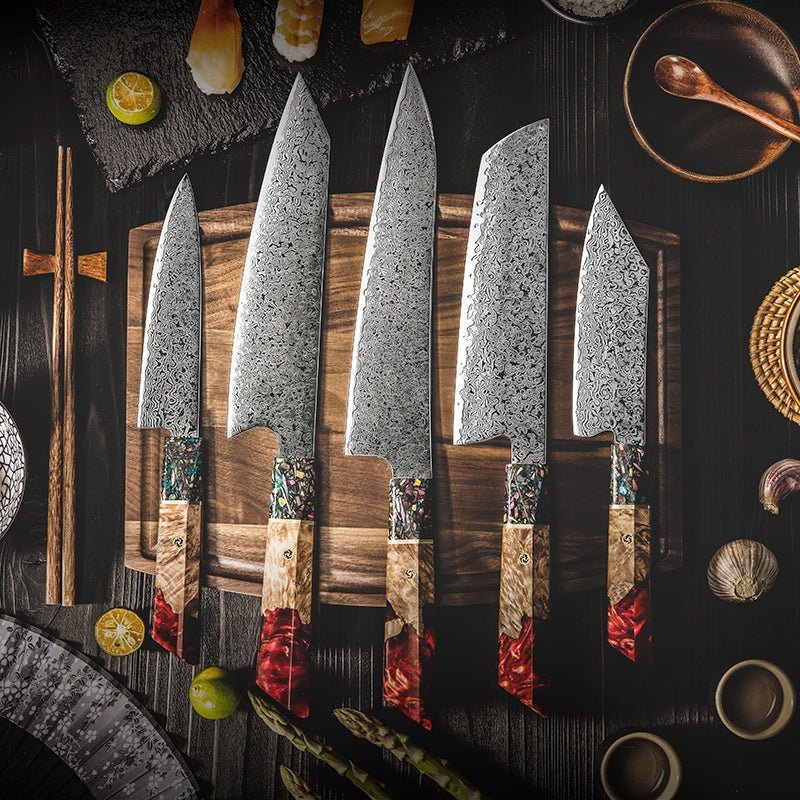 Pristine Japanese Handle - Pristine Japanese Chef Knife Set with VG-10 Damascus Steel Exotic Stabilized Olive - Shokunin USA