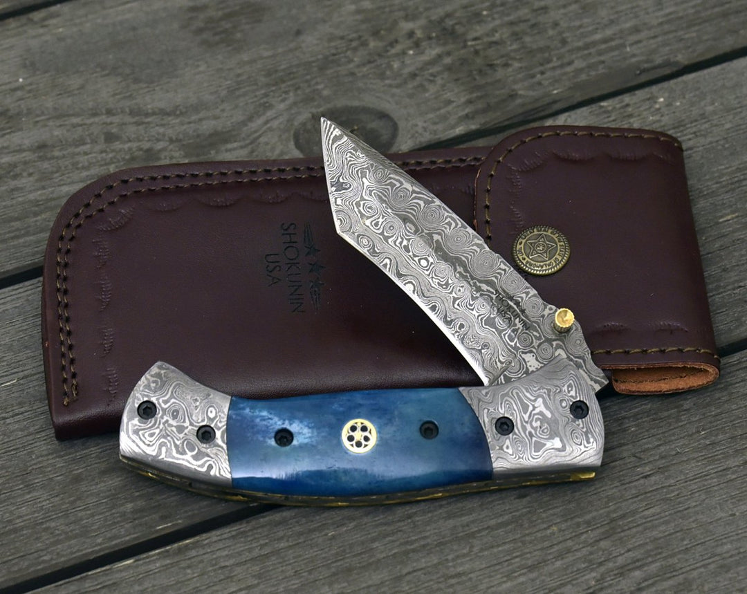 Prudence Tanto knives - Prudence Tanto Blade Handmade Damascus Folding Pocket Knife with Bone Handle - Shokunin USA