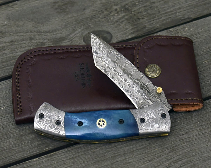 Prudence Tanto knives - Prudence Tanto Blade Handmade Damascus Folding Pocket Knife with Bone Handle - Shokunin USA