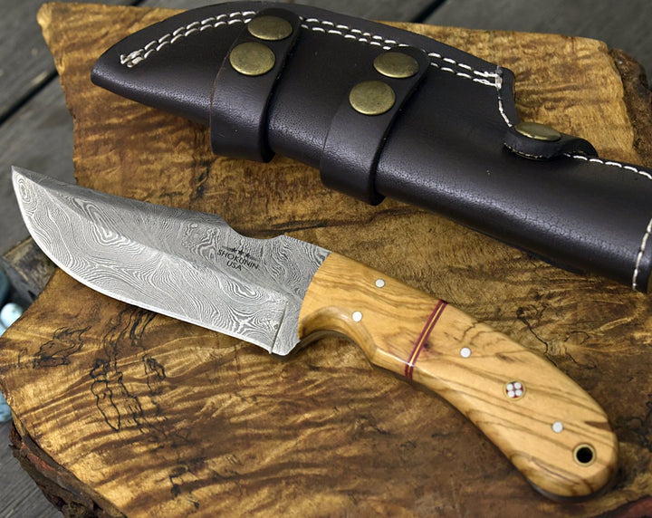 Puma Steel Handle - Puma Damascus Steel Hunting Knife Olive Wood Handle &amp; Sheath - Shokunin USA