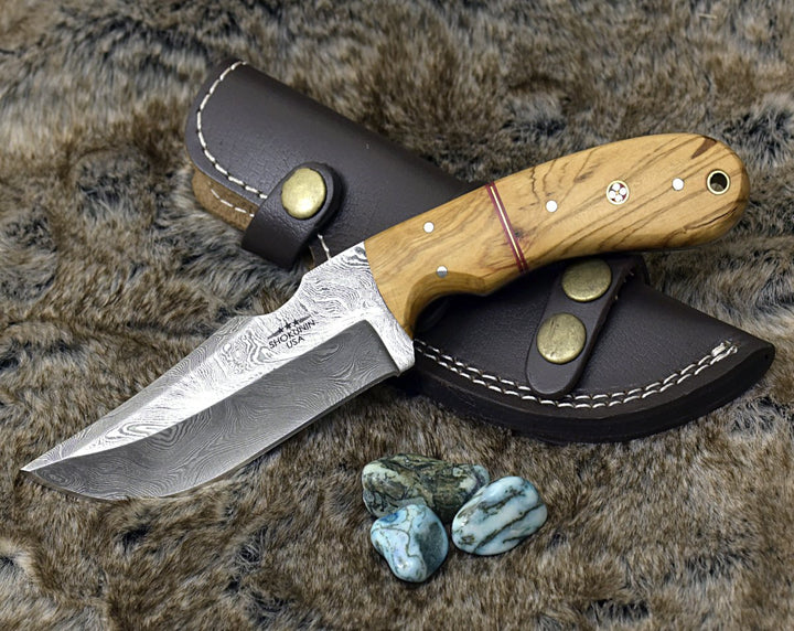 Puma Steel Knife - Puma Damascus Steel Hunting Knife Olive Wood Handle &amp; Sheath - Shokunin USA