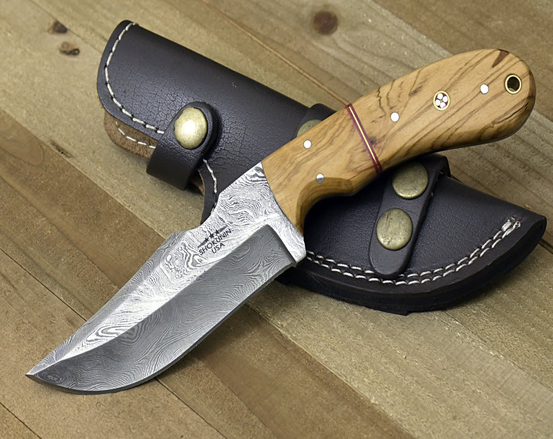 Puma Damascus Knife - Puma Damascus Steel Hunting Knife Olive Wood Handle &amp; Sheath - Shokunin USA