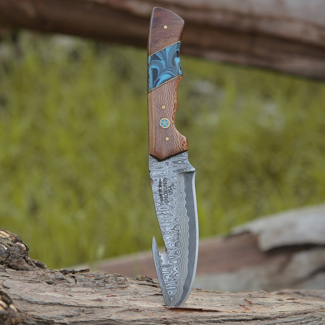 Python Damascus blade - Python Damascus Gut Hook Knife with Exotic Leopard Wood &amp; Turquoise Handle - Shokunin USA