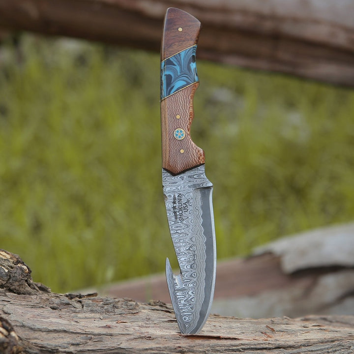 Python Damascus blade - Python Damascus Gut Hook Knife with Exotic Leopard Wood &amp; Turquoise Handle - Shokunin USA