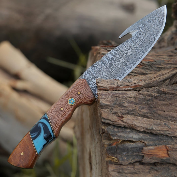 Python Damascus knives - Python Damascus Gut Hook Knife with Exotic Leopard Wood &amp; Turquoise Handle - Shokunin USA