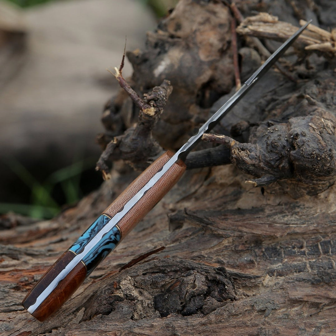 Python Gut Knife - Python Damascus Gut Hook Knife with Exotic Leopard Wood &amp; Turquoise Handle - Shokunin USA