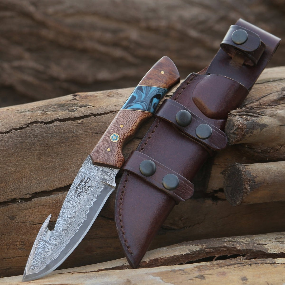 Python Gut Handle - Python Damascus Gut Hook Knife with Exotic Leopard Wood &amp; Turquoise Handle - Shokunin USA
