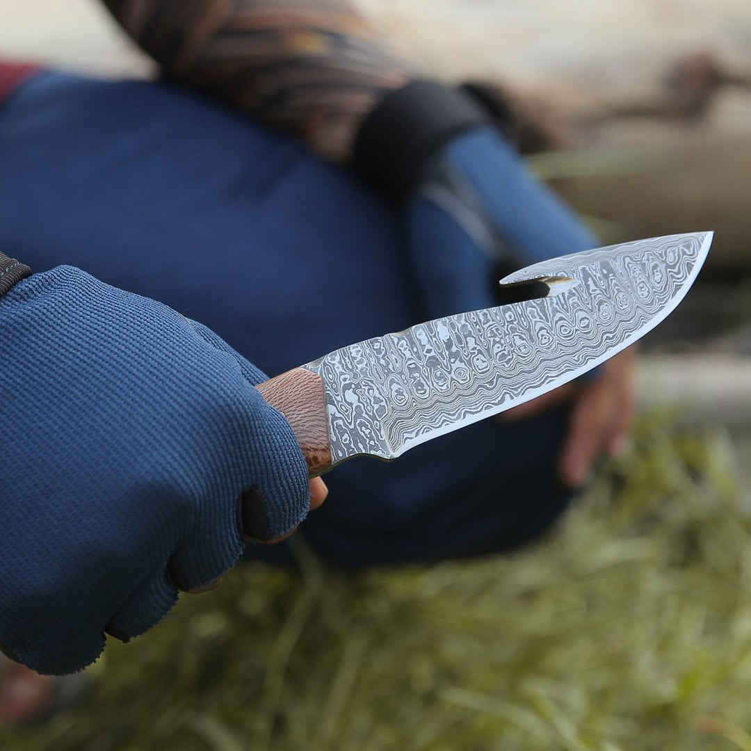 Python Damascus Handle - Python Damascus Gut Hook Knife with Exotic Leopard Wood &amp; Turquoise Handle - Shokunin USA
